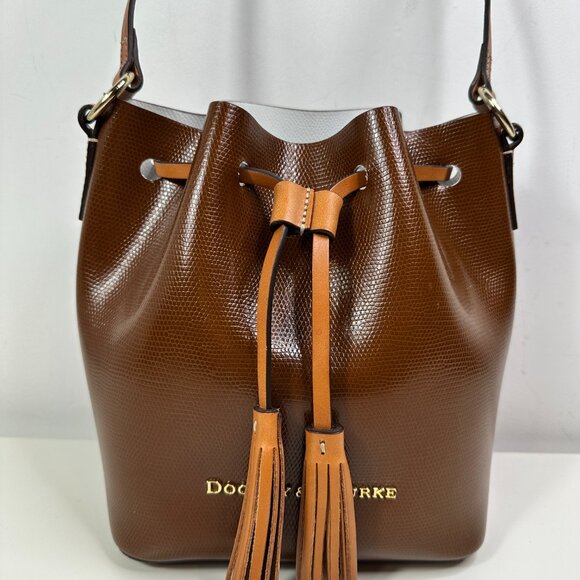 Dooney & Bourke Leather Drawstring Bucket Shoulder Bag Brown/Cream - Picture 2 of 14